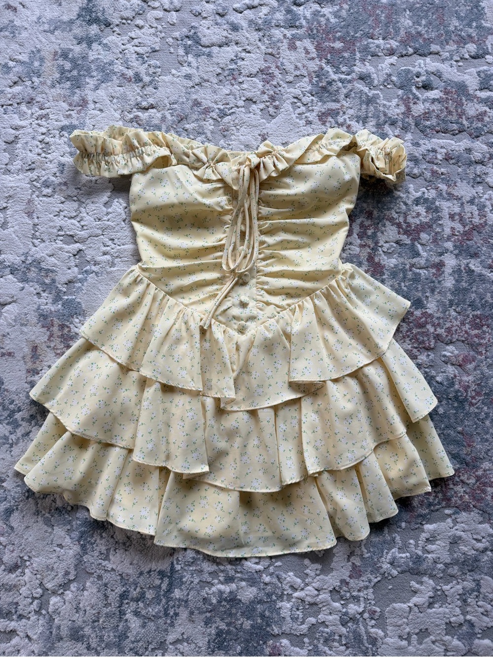 Alamour The Label Pale Yellow Floral Off-Shoulder Ruffle Mini Dress